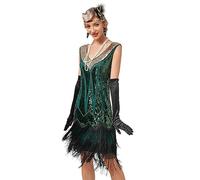 Viloree Robe à Paillettes pour Femme - Style années 20 - Col Rond inspiré par Great Gatsby Vert (50) XS