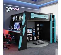 VilroCaz Lit mezzanine moderne avec bureau intégré et étagères multi-rangements, cadre de lit mezzanine en bois avec bande lumineuse, optimisation de l'espace (bleu nuage, 5,17)