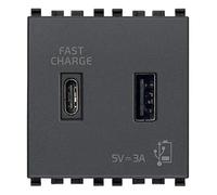 Vimar 20295.AC Prise USB 5 V 3 A, 1 sortie USB type A et 1 type C qui fournissent un total de 3 A pour le chargement d'un dispositif jusqu'à 3 A ou deux dispositifs, alimentation 120-240 V~, 2M