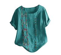 Vimoli Chemisier Femme Printemps été Grande Taille Broderie Vintage Coton et Lin Haut à Manches Courtes Col Rond Lâché Décontractée Tee Tops(A Vert,5XL)