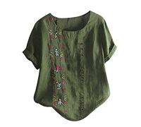 Vimoli Chemisier Femme Printemps été Grande Taille Broderie Vintage Coton et Lin Haut à Manches Courtes Col Rond Lâché Décontractée Tee Tops(A ArméE Verte,5XL)