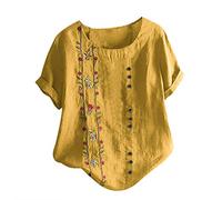 Vimoli Chemisier Femme Printemps été Grande Taille Broderie Vintage Coton et Lin Haut à Manches Courtes Col Rond Lâché Décontractée Tee Tops(A Jaune,XL)