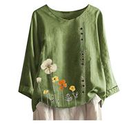 Vimoli Chemisier Femme Printemps été Grande Taille Broderie Vintage Coton et Lin Haut à Manches Courtes Col en V Lâché Décontractée Tee-Shirt(B Vert,4XL)