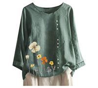 Vimoli Chemisier Femme Printemps été Grande Taille Broderie Vintage Coton et Lin Haut à Manches Courtes Col en V Lâché Décontractée Tee-Shirt(B ArméE Verte,L)