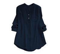 Vimoli Chemisier Femme Vintage Couleur Unie Blouses Coton et Lin Décontractée Ample Tunique Top Tee Shirt Chic Bouton Col en V T-Shirts à Manches Longues Chemise avec Poches(A Marine,5XL)