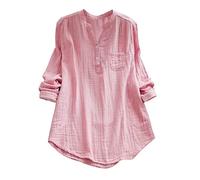 Vimoli Chemisier Femme Vintage Couleur Unie Blouses Coton et Lin Décontractée Ample Tunique Top Tee Shirt Chic Bouton Col en V T-Shirts à Manches Longues Chemise avec Poches(A Rouge,XXL)