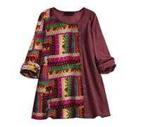 Vimoli Chemisier Femme Vintage Imprimé de Style Ethnique Tunique Top Grande Taille Décontractée Ample Chemise Blouse Chic Col Rond Boutons T-Shirts à Manches Longues(A2,5XL)