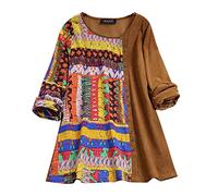 Vimoli Chemisier Femme Vintage Imprimé de Style Ethnique Tunique Top Grande Taille Décontractée Ample Chemise Blouse Chic Col Rond Boutons T-Shirts à Manches Longues(A1,XL)