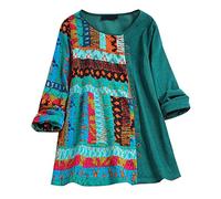 Vimoli Chemisier Femme Vintage Imprimé de Style Ethnique Tunique Top Grande Taille Décontractée Ample Chemise Blouse Chic Col Rond Boutons T-Shirts à Manches Longues(A Vert,XL)