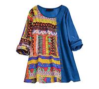 Vimoli Chemisier Femme Vintage Imprimé de Style Ethnique Tunique Top Grande Taille Décontractée Ample Chemise Blouse Chic Col Rond Boutons T-Shirts à Manches Longues(A Bleu,4XL)