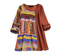 Vimoli Chemisier Femme Vintage Imprimé de Style Ethnique Tunique Top Grande Taille Décontractée Ample Chemise Blouse Chic Col Rond Boutons T-Shirts à Manches Longues(A Orange,XXL)