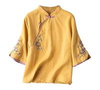 Vimoli Chemisier Femme Vintage Style Ethnique Broderie Imprimé Floral Haut à Manches Courtes D'Été Décontractée Col en V Boutons Tunique Top T-Shirt Chic Élégant Blouse en Lin(B Jaune,XXL)