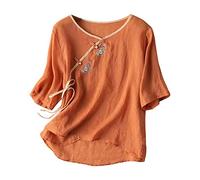 Vimoli Chemisier Femme Vintage Style Ethnique Broderie Imprimé Floral Haut à Manches Courtes D'Été Décontractée Col en V Boutons Tunique Top T-Shirt Chic Élégant Blouse en Lin(A Orange,4XL)