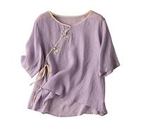 Vimoli Chemisier Femme Vintage Style Ethnique Broderie Imprimé Floral Haut à Manches Courtes D'Été Décontractée Col en V Boutons Tunique Top T-Shirt Chic Élégant Blouse en Lin(A Violet,XXL)