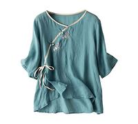 Vimoli Chemisier Femme Vintage Style Ethnique Broderie Imprimé Floral Haut à Manches Courtes D'Été Décontractée Col en V Boutons Tunique Top T-Shirt Chic Élégant Blouse en Lin(A Bleu,XL)