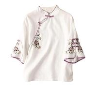 Vimoli Chemisier Femme Vintage Style Ethnique Broderie Imprimé Floral Haut à Manches Courtes D'Été Décontractée Col en V Boutons Tunique Top T-Shirt Chic Élégant Blouse en Lin(B Blanc,XXL)
