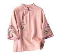 Vimoli Chemisier Femme Vintage Style Ethnique Broderie Imprimé Floral Haut à Manches Courtes D'Été Décontractée Col en V Boutons Tunique Top T-Shirt Chic Élégant Blouse en Lin(B Rouge,XXL)