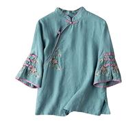 Vimoli Chemisier Femme Vintage Style Ethnique Broderie Imprimé Floral Haut à Manches Courtes D'Été Décontractée Col en V Boutons Tunique Top T-Shirt Chic Élégant Blouse en Lin(B Bleu,XL)