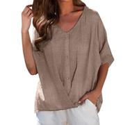 Vimoli Chemisiers Femme Couleur Unie Lâché Coton Lin Tunique Haut Été Chic Bouton Col en V T-Shirts à Manches Courtes Décontractée Ample Tee Shirts Pull Blouse (Kaki,XXL)