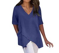 Vimoli Chemisiers Femme D'été Couleur Unie Col en V Blouse en Lin Chic et Élégant Ourlet Irrégulier Tunique Top Grande Taille Décontractée Lâché Tee Shirt Haut avec Poches(A Bleu Foncé,5XL)