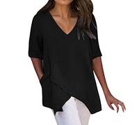 Vimoli Chemisiers Femme D'été Couleur Unie Col en V Blouse en Lin Chic et Élégant Ourlet Irrégulier Tunique Top Grande Taille Décontractée Lâché Tee Shirt Haut avec Poches(A Noir,4XL)