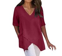 Vimoli Chemisiers Femme D'été Couleur Unie Col en V Blouse en Lin Chic et Élégant Ourlet Irrégulier Tunique Top Grande Taille Décontractée Lâché Tee Shirt Haut avec Poches(A Vin,5XL)