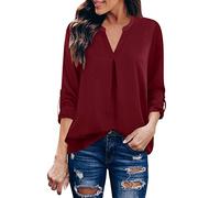 Vimoli Chemisiers Femme Élégant Chic Col en V Chemise Décontractée Lâché Blouses à Manches Longues Décontractée Lâché Tunique Haut Top Tee Shirts(A Rouge,M)