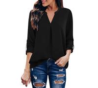 Vimoli Chemisiers Femme Élégant Chic Col en V Chemise Décontractée Lâché Blouses à Manches Longues Décontractée Lâché Tunique Haut Top Tee Shirts(A Noir,XXL)