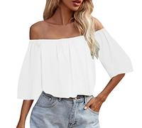 Vimoli Chemisiers Femme Élégant Couleur Unie Épaules Dénudées Blouses en Mousseline de Soie D'été Mode Chic Haut à Manches Courtes Ample Pull Tunique Top Shirt (Blanche,L)