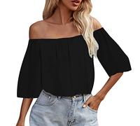 Vimoli Chemisiers Femme Élégant Couleur Unie Épaules Dénudées Blouses en Mousseline de Soie D'été Mode Chic Haut à Manches Courtes Ample Pull Tunique Top Shirt (Noir,S)