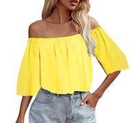 Vimoli Chemisiers Femme Élégant Couleur Unie Épaules Dénudées Blouses en Mousseline de Soie D'été Mode Chic Haut à Manches Courtes Ample Pull Tunique Top Shirt (Jaune,L)