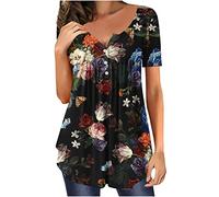 Vimoli Chemisiers Femme Élégant Plissée Fluide T-Shirts à Manches Courtes D'été Imprimé Floral Tunique Blouse Chic Boutons Col en V Haut Top Décontractée Ample Tee Shirt Chemise(H4,3XL)