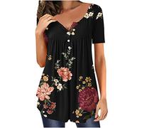 Vimoli Chemisiers Femme Élégant Plissée Fluide T-Shirts à Manches Courtes D'été Imprimé Floral Tunique Blouse Chic Boutons Col en V Haut Top Décontractée Ample Tee Shirt Chemise(C1,XL)