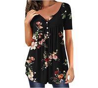 Vimoli Chemisiers Femme Élégant Plissée Fluide T-Shirts à Manches Courtes D'été Imprimé Floral Tunique Blouse Chic Boutons Col en V Haut Top Décontractée Ample Tee Shirt Chemise(B5,3XL)