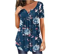 Vimoli Chemisiers Femme Élégant Plissée Fluide T-Shirts à Manches Courtes D'été Imprimé Floral Tunique Blouse Chic Boutons Col en V Haut Top Décontractée Ample Tee Shirt Chemise(I5,XL)