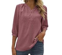 Vimoli Chemisiers Femme Élégant Swiss Dot Haut Top Chic Col en V Boutons Tee Shirt Couleur Unie Jacquard Tunique Blouse Décontractée Ample T-Shirts à Manches 3/4(Rose2,XL)