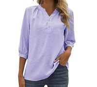 Vimoli Chemisiers Femme Élégant Swiss Dot Haut Top Chic Col en V Boutons Tee Shirt Couleur Unie Jacquard Tunique Blouse Décontractée Ample T-Shirts à Manches 3/4(Violet1,M)