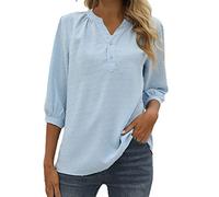 Vimoli Chemisiers Femme Élégant Swiss Dot Haut Top Chic Col en V Boutons Tee Shirt Couleur Unie Jacquard Tunique Blouse Décontractée Ample T-Shirts à Manches 3/4(Bleu,XXL)