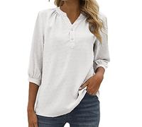 Vimoli Chemisiers Femme Élégant Swiss Dot Haut Top Chic Col en V Boutons Tee Shirt Couleur Unie Jacquard Tunique Blouse Décontractée Ample T-Shirts à Manches 3/4(Blanc,XL)