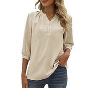 Vimoli Chemisiers Femme Élégant Swiss Dot Haut Top Chic Col en V Boutons Tee Shirt Couleur Unie Jacquard Tunique Blouse Décontractée Ample T-Shirts à Manches 3/4(Beige,XL)