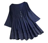 Vimoli Chemisiers Femme Été Élégant Patchwork de Dentelle Tunique Manches 3/4 Chic T-Shirt Col en V Haut Blouses Lâché Grande Taille(WA Marine,5XL)
