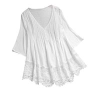Vimoli Chemisiers Femme Été Élégant Patchwork de Dentelle Tunique Manches 3/4 Chic T-Shirt Col en V Haut Blouses Lâché Grande Taille(WA Blanc,5XL)
