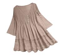 Vimoli Chemisiers Femme Été Élégant Patchwork de Dentelle Tunique Manches 3/4 Chic T-Shirt Col en V Haut Blouses Lâché Grande Taille(WA Kaki,3XL)