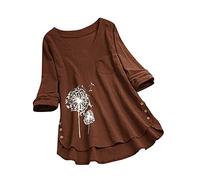 Vimoli Chemisiers Femme Été Élégant Patchwork de Dentelle Tunique Manches 3/4 Chic T-Shirt Col en V Haut Blouses Lâché Grande Taille(WG Marron,XL)