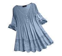 Vimoli Chemisiers Femme Été Élégant Patchwork de Dentelle Tunique Manches 3/4 Chic T-Shirt Col en V Haut Blouses Lâché Grande Taille(WA Bleu Ciel,XXL)