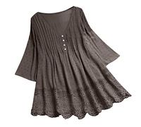 Vimoli Chemisiers Femme Été Élégant Patchwork de Dentelle Tunique Manches 3/4 Chic T-Shirt Col en V Haut Blouses Lâché Grande Taille(WA Marron,6XL)