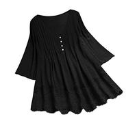 Vimoli Chemisiers Femme Été Élégant Patchwork de Dentelle Tunique Manches 3/4 Chic T-Shirt Col en V Haut Blouses Lâché Grande Taille(WA Noir,5XL)