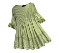 Vimoli Chemisiers Femme Été Élégant Patchwork de Dentelle Tunique Manches 3/4 Chic T-Shirt Col en V Haut Blouses Lâché Grande Taille(WA Vert,3XL)