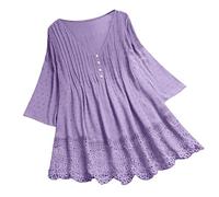 Vimoli Chemisiers Femme Été Élégant Patchwork de Dentelle Tunique Manches 3/4 Chic T-Shirt Col en V Haut Blouses Lâché Grande Taille(WA Rose1,XL)