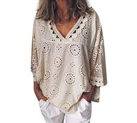 Vimoli Chemisiers Femme Été Élégant Tunique à Manches 3/4 Coton et Lin avec Dentelle Creuse Chic Haut Blouses Col en V Lâché Pull Top (Beige,5XL)